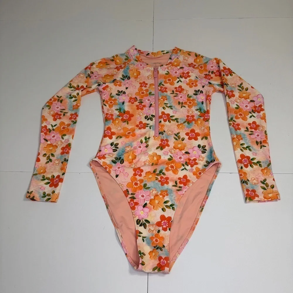 Blackbough Long Sleeve Floral Zip Swimsuit Rash Guard Small NWOT